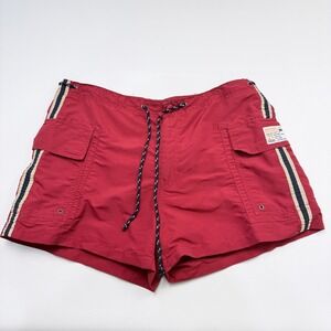 Women's Red Cargo Swim Shorts with Side Stripes